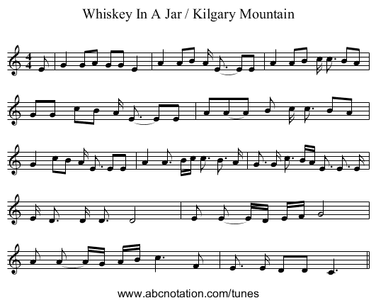 Whiskey In A Jar / Kilgary Mountain - staff notation