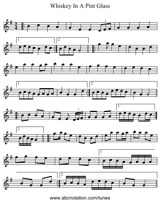 Whiskey In A Pint Glass - staff notation