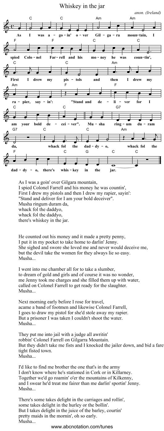 Whiskey in the jar - staff notation