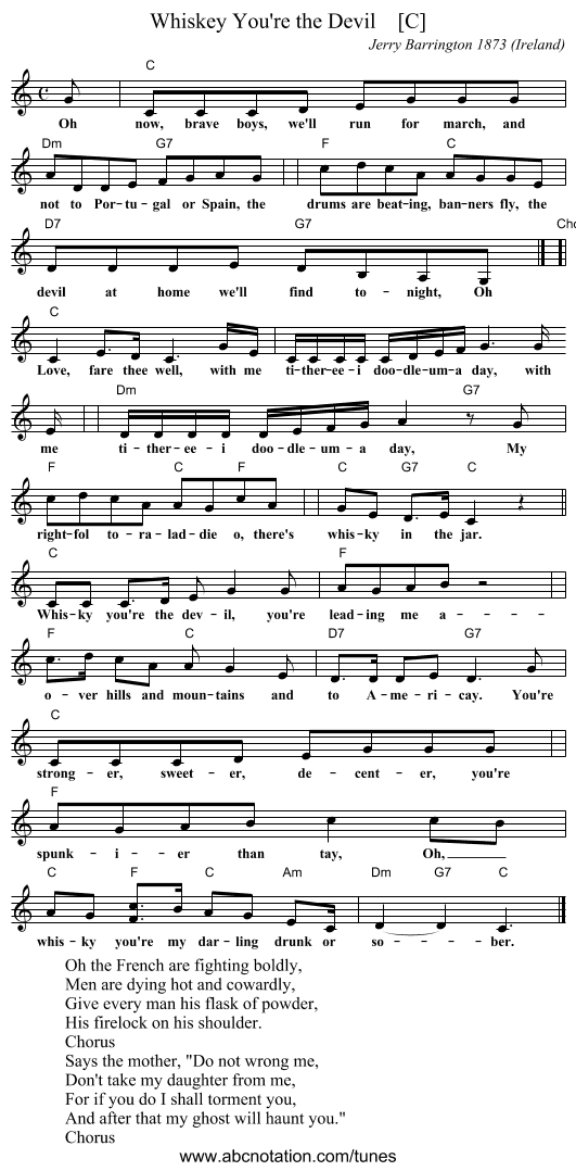 Whiskey You're the Devil    [C] - staff notation