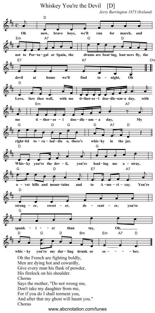 Whiskey You're the Devil    [D] - staff notation