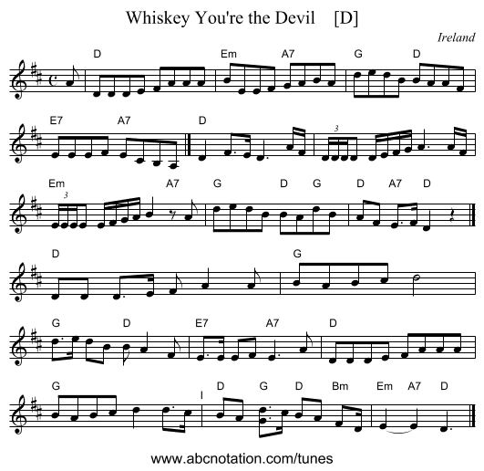 Whiskey You're the Devil    [D] - staff notation