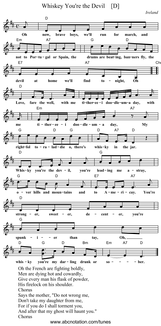Whiskey You're the Devil    [D] - staff notation