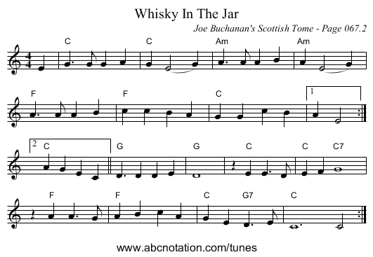 Whisky In The Jar - staff notation