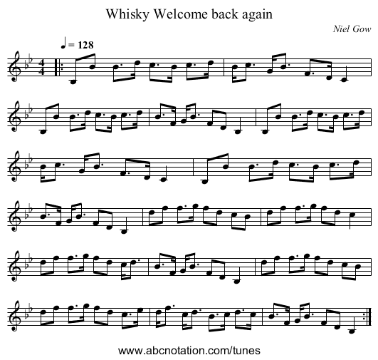 Whisky Welcome back again - staff notation