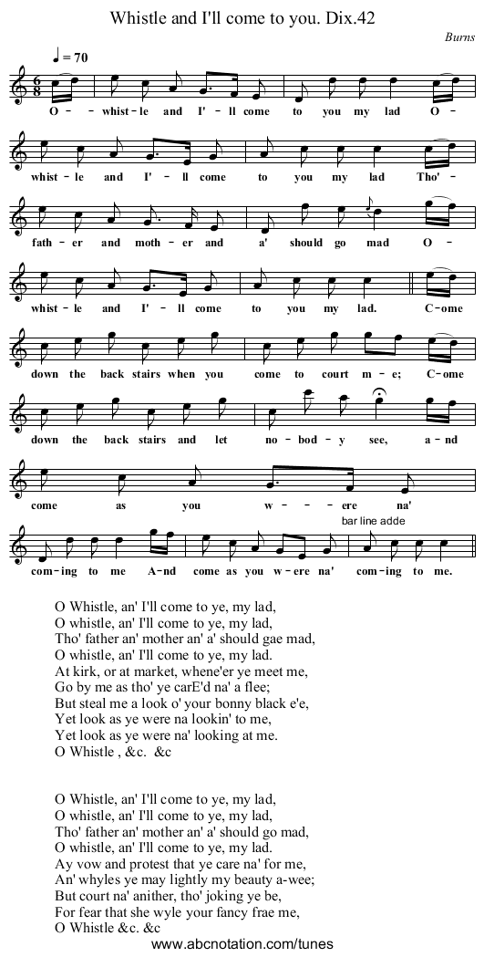 Whistle and I'll come to you. Dix.42 - staff notation