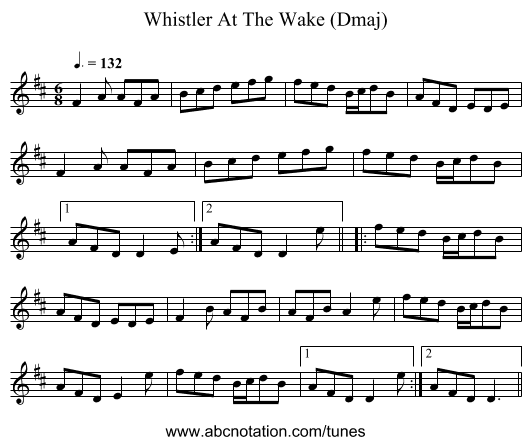 Whistler At The Wake (Dmaj) - staff notation