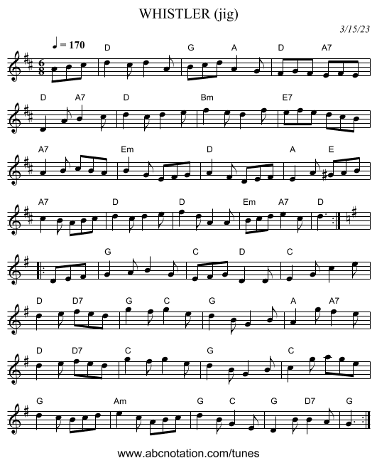 WHISTLER (jig) - staff notation