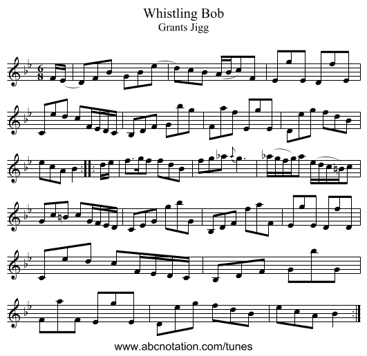 Whistling Bob - staff notation