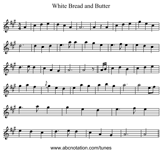 White Bread and Butter - staff notation