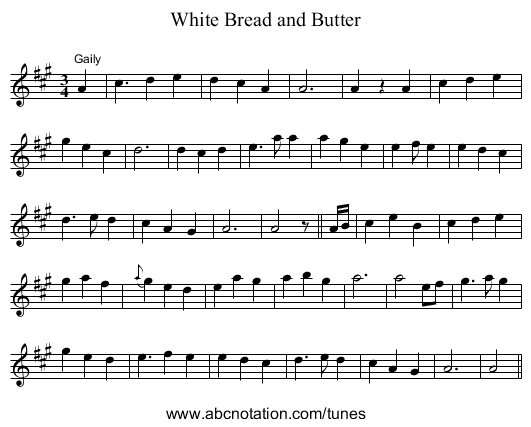 White Bread and Butter - staff notation