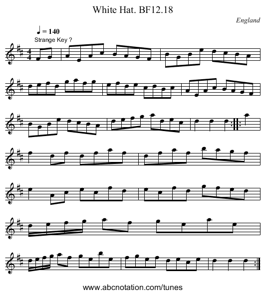 White Hat. BF12.18 - staff notation