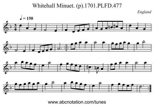 Whitehall Minuet. (p).1701.PLFD.477 - staff notation