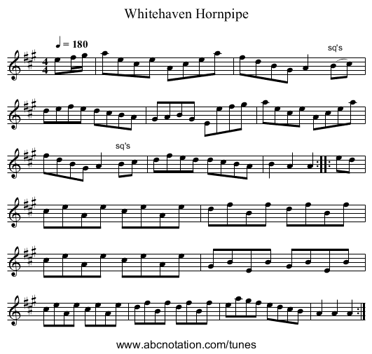 Whitehaven Hornpipe - staff notation
