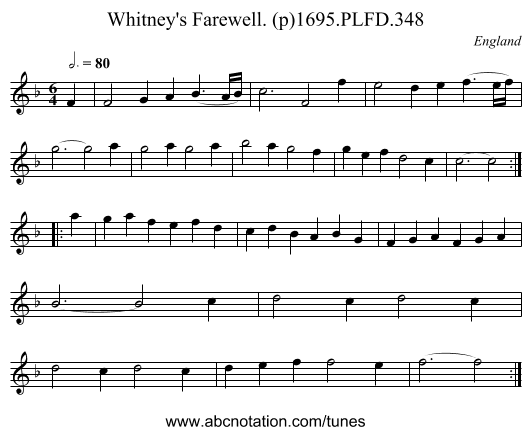 Whitney's Farewell. (p)1695.PLFD.348 - staff notation