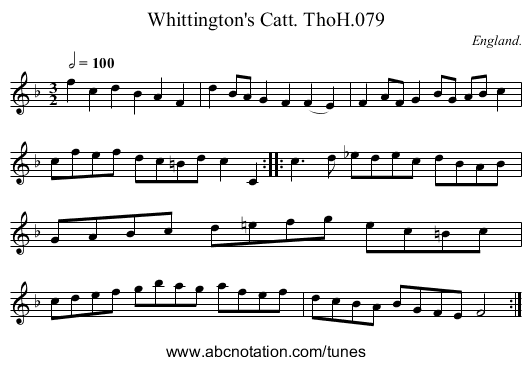 Whittington's Catt. ThoH.079 - staff notation