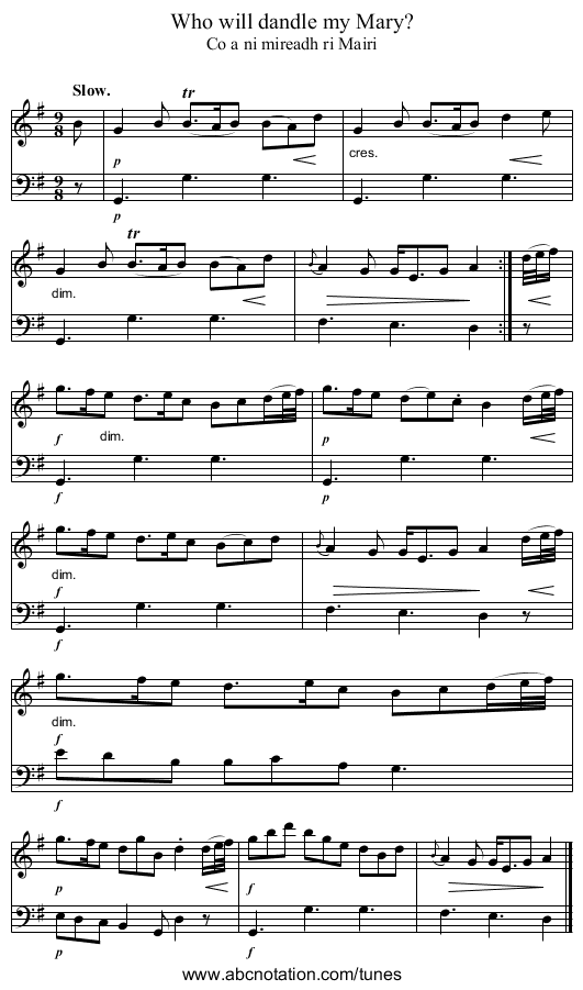 Who will dandle my Mary? - staff notation
