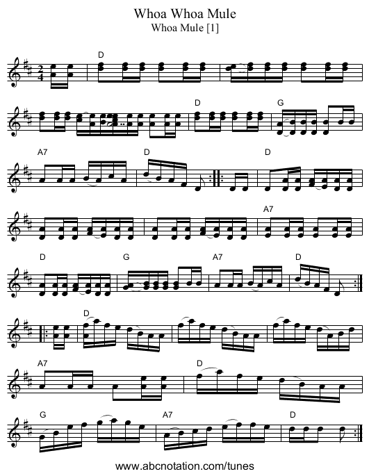 Whoa Mule, Whoa - staff notation