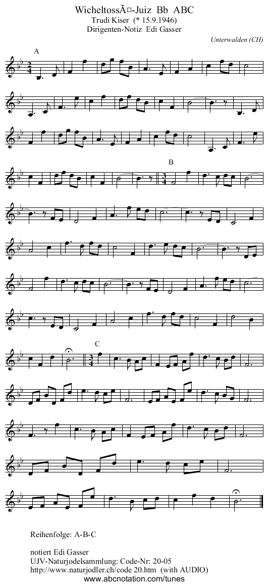 WicheltossÃ¤-Juiz  Bb  ABC - staff notation