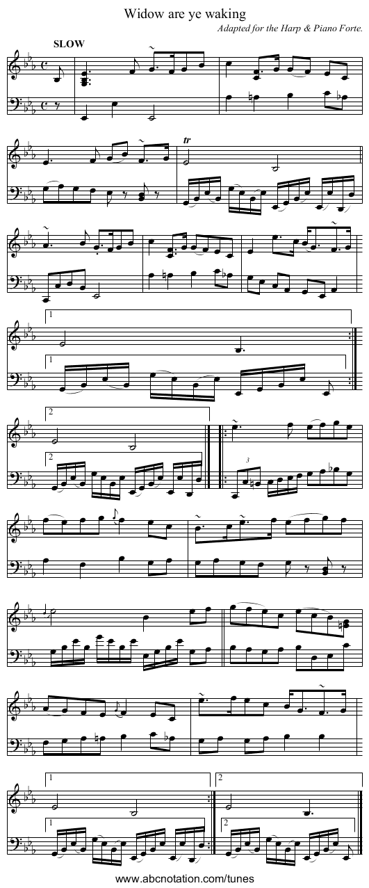 Widow are ye waking - staff notation