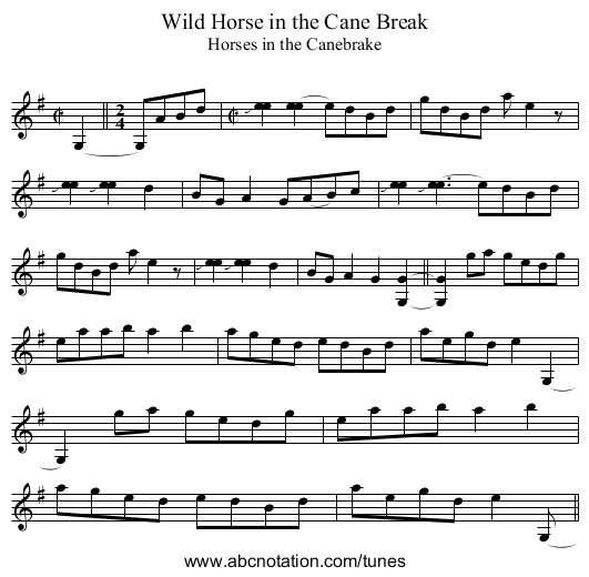Wild Horse in the Cane Break - staff notation