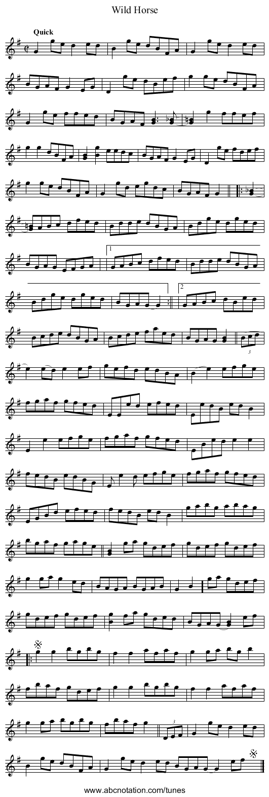 Wild Horse - staff notation