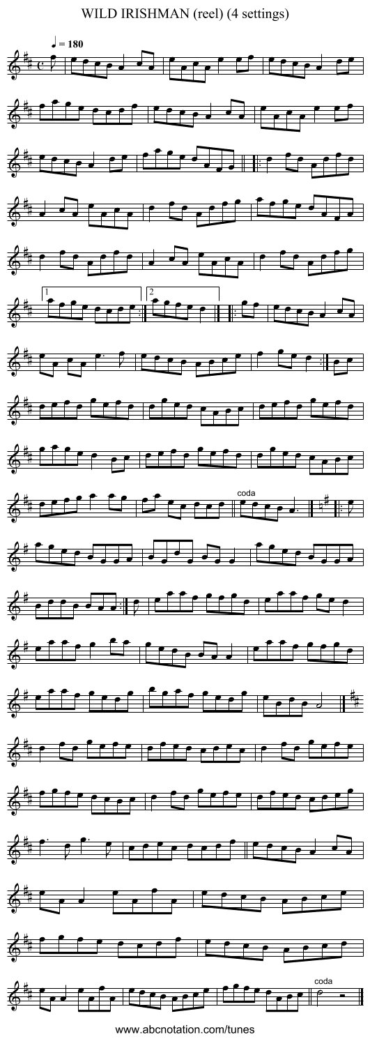 WILD IRISHMAN (reel) (4 settings) - staff notation