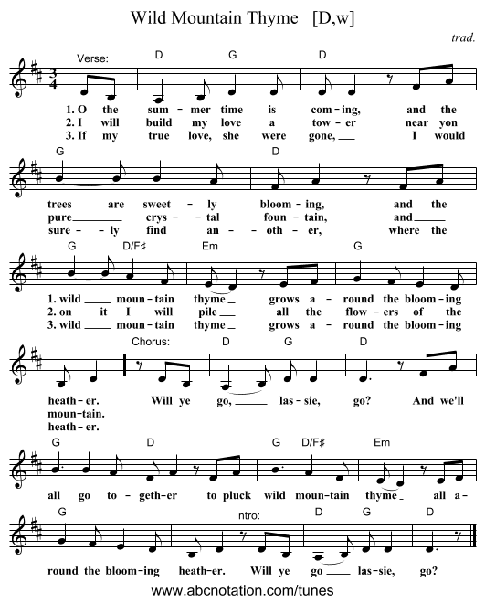 Wild Mountain Thyme   [D,w] - staff notation