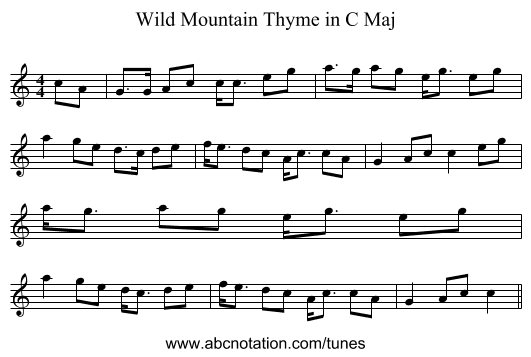 Wild Mountain Thyme in C Maj - staff notation