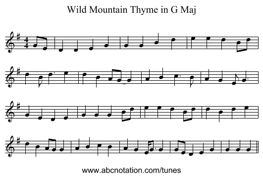 Wild Mountain Thyme in G Maj - staff notation