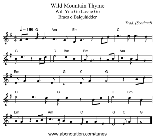 Wild Mountain Thyme - staff notation
