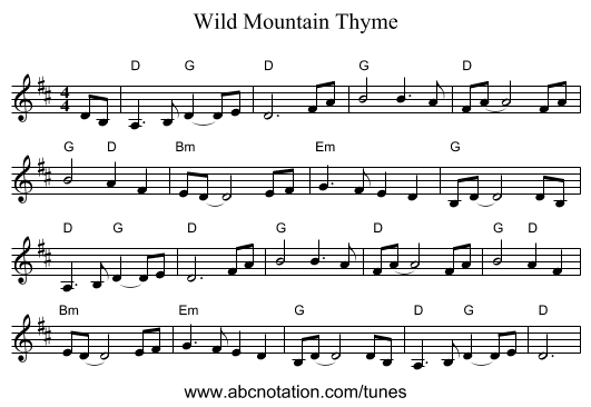 Wild Mountain Thyme - staff notation