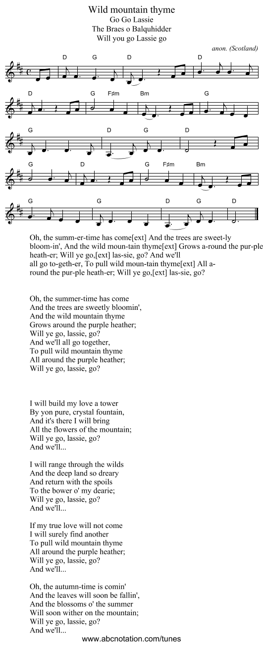 Wild mountain thyme - staff notation