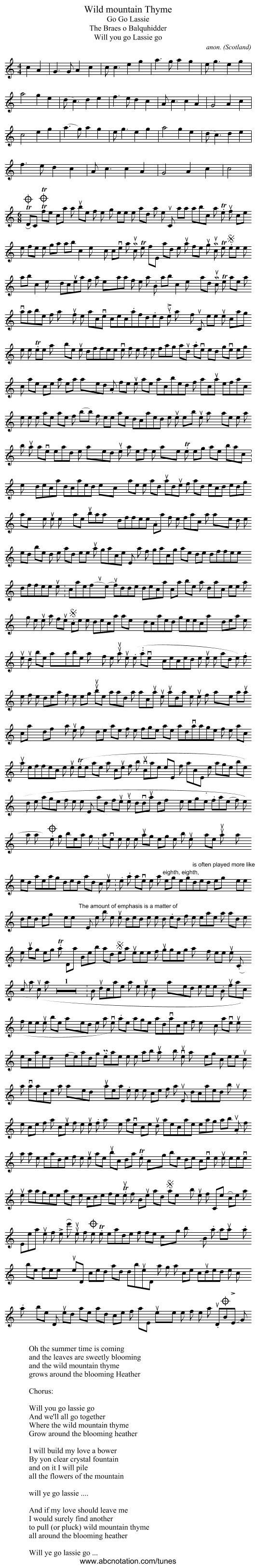 Wild mountain Thyme - staff notation