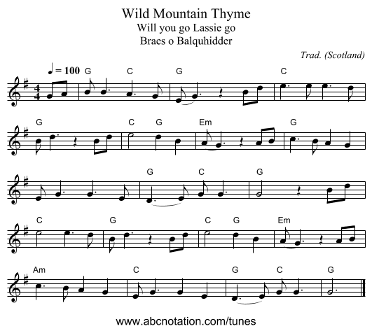 Wild Mountain Thyme - staff notation