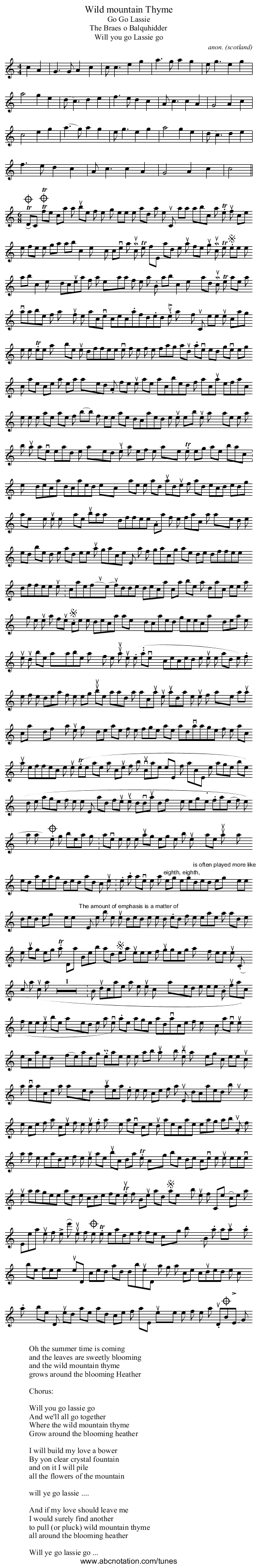 Wild mountain Thyme - staff notation