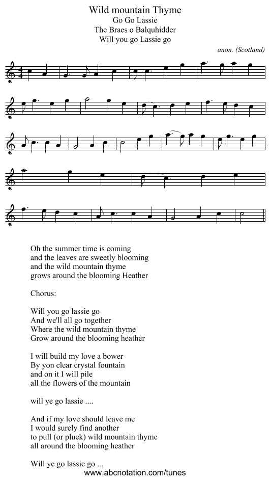 Wild mountain Thyme - staff notation