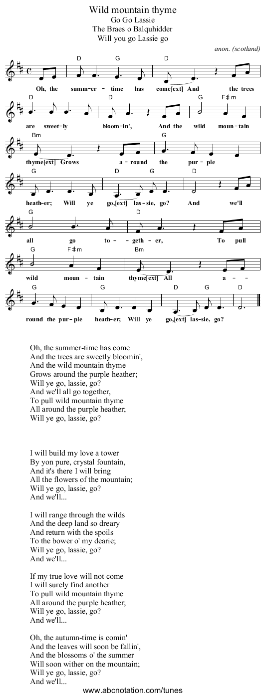 Wild mountain thyme - staff notation