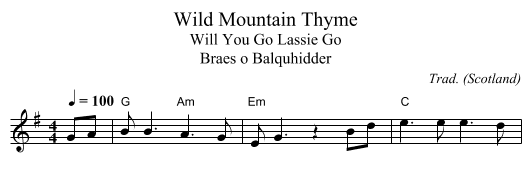 Wild Mountain Thyme - staff notation