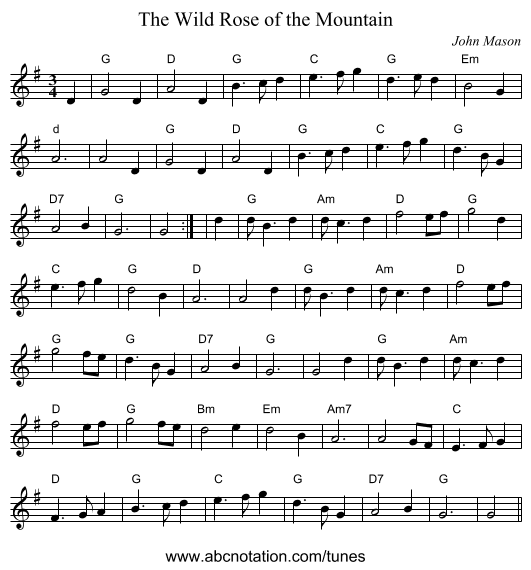 Wild Rose of the Mountain, The - staff notation