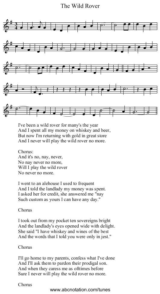 Wild Rover, The - staff notation