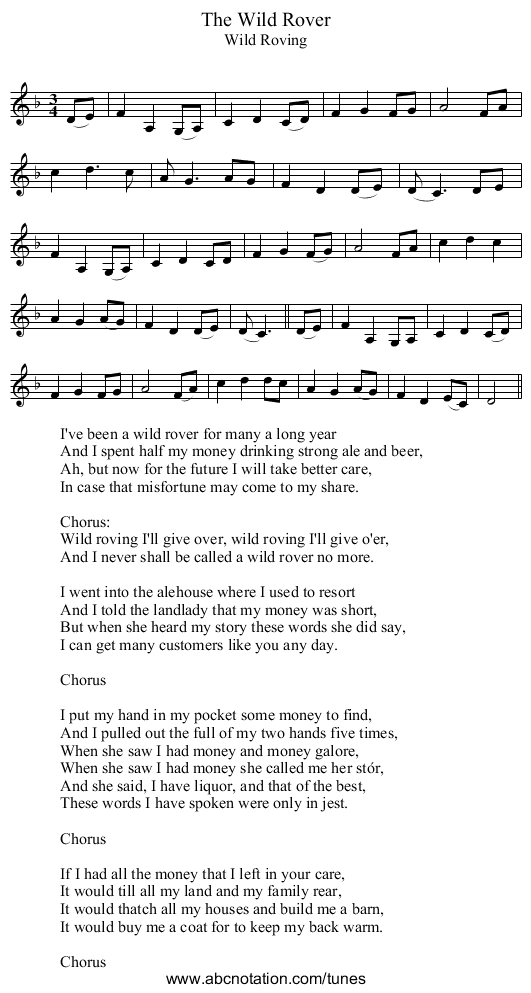 Wild Rover, The - staff notation