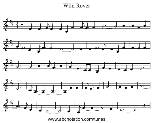 Wild Rover - staff notation
