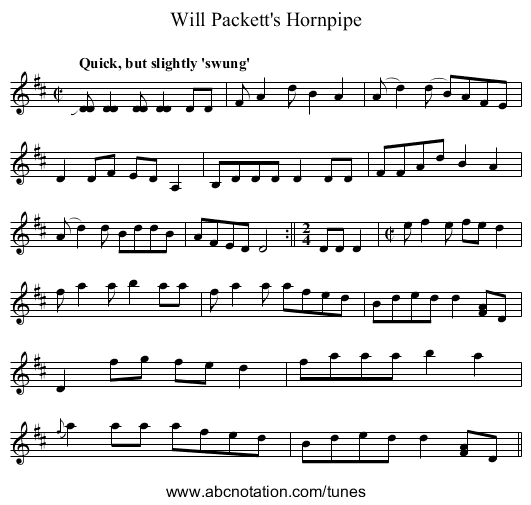 Will Packett's Hornpipe - staff notation