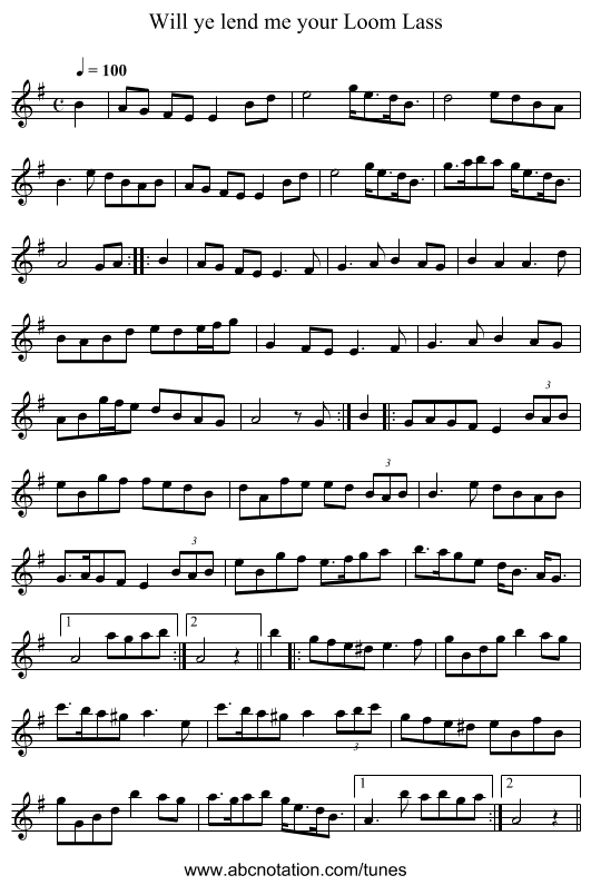 Will ye lend me your Loom Lass - staff notation