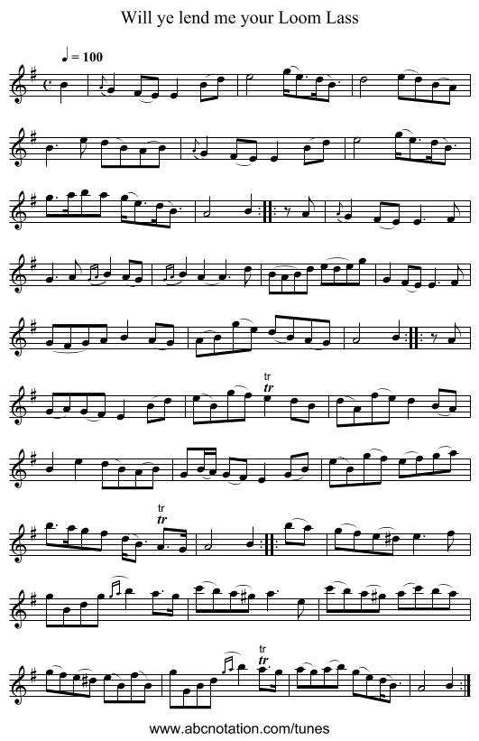 Will ye lend me your Loom Lass - staff notation