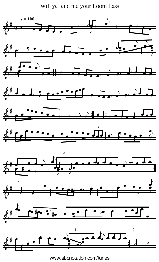 Will ye lend me your Loom Lass - staff notation