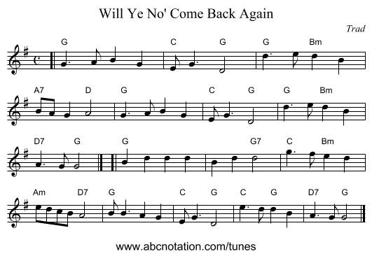 Will Ye No' Come Back Again - staff notation