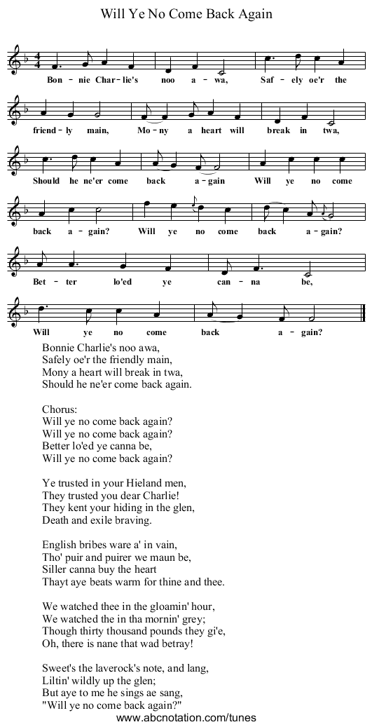 Will Ye No Come Back Again - staff notation