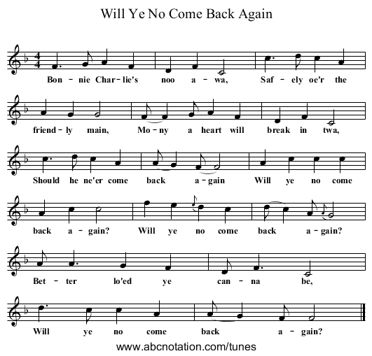 Will Ye No Come Back Again - staff notation